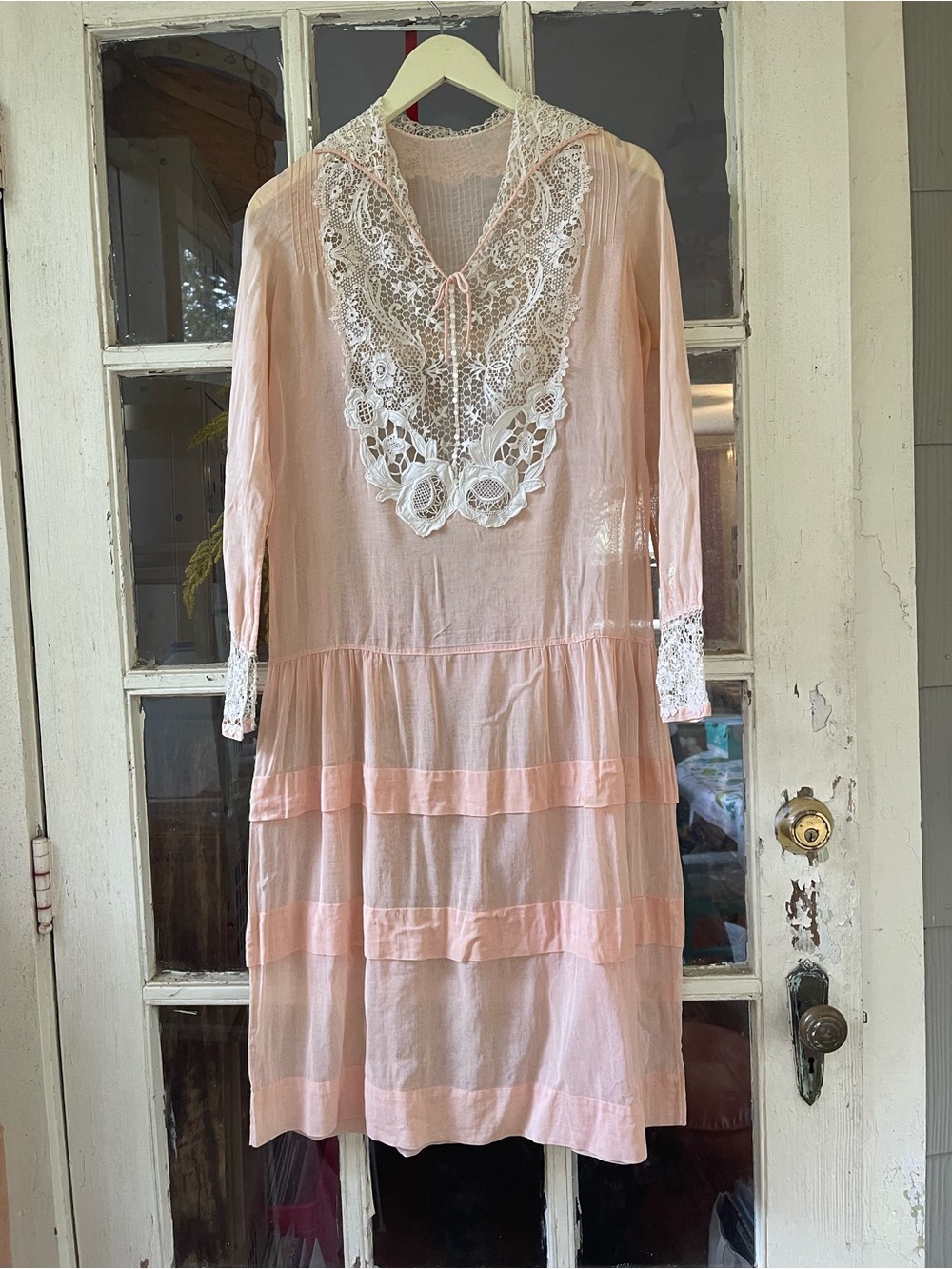 Antique 1920s Flapper style pink drop waist dress with lace and pearl buttons